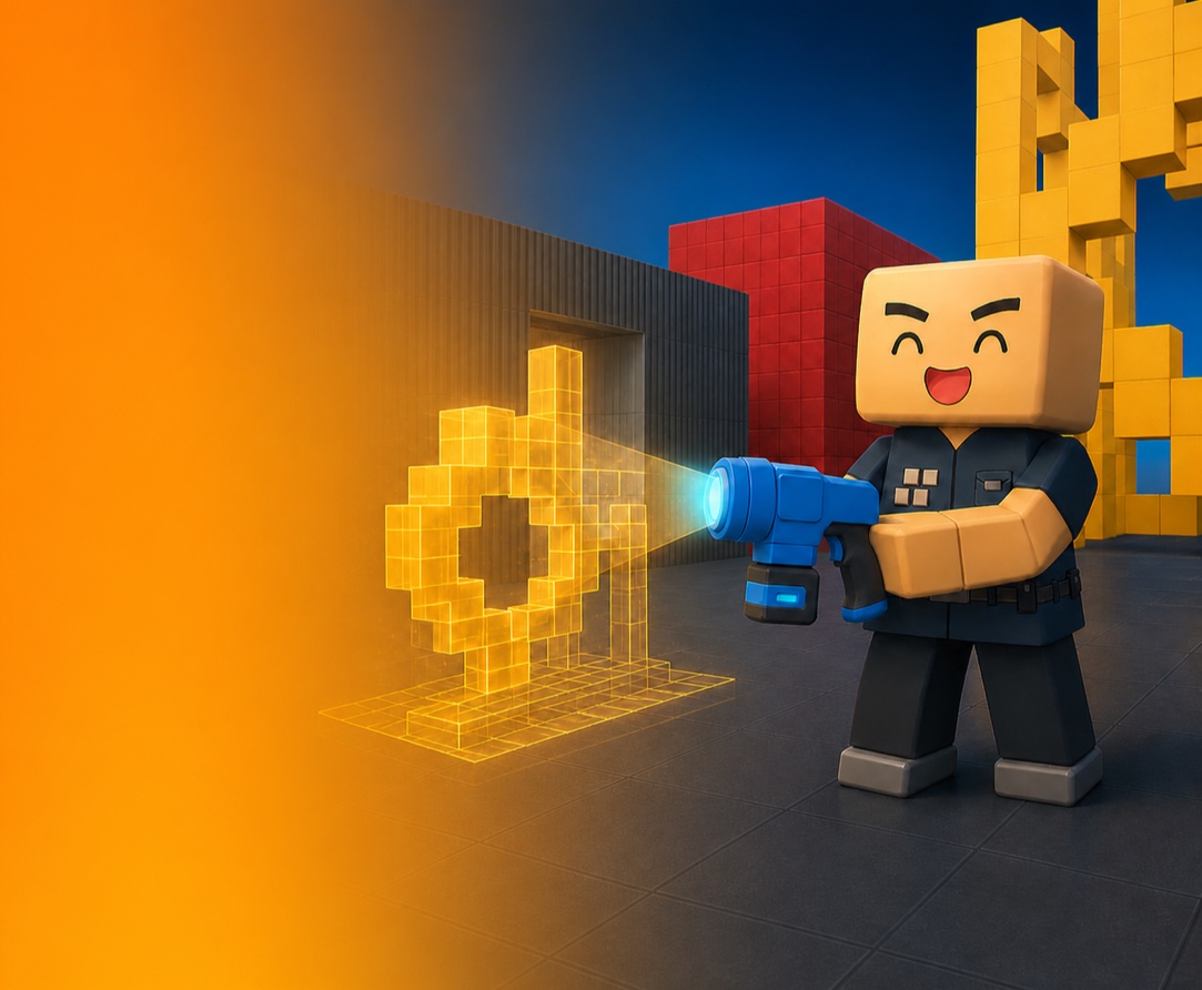 BrickOps builder placing a yellow holographic block with the build tool