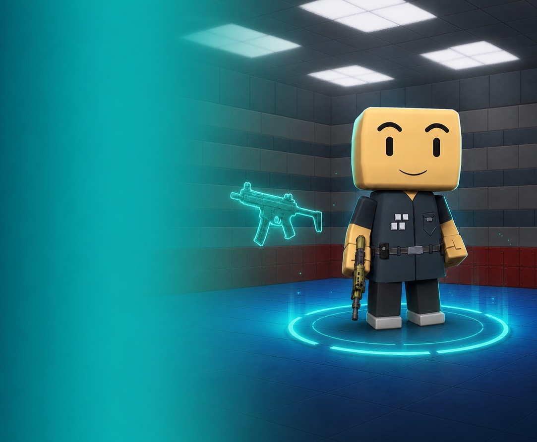 BrickOps character in the turquoise customization scene