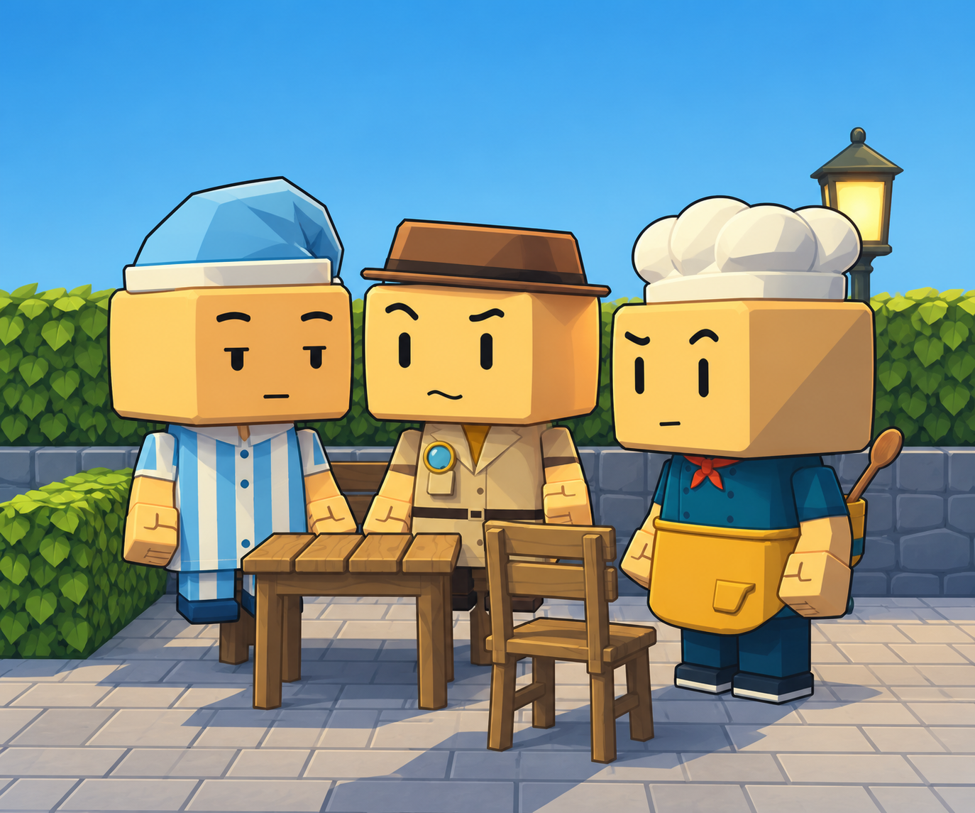 BrickOps characters gathered around a table
